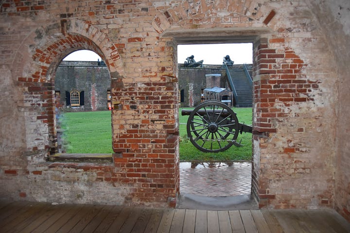 Photos of Fort Macon showing a brick walkway and cannons under a cloudy sky.