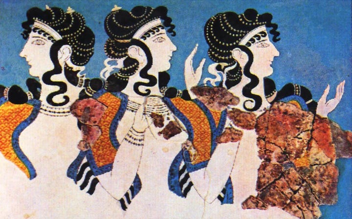 Two Minoan Snake Goddess figurines with bared breasts and two frescoes from Knossos showing women wearing open-front tops that bare the breasts