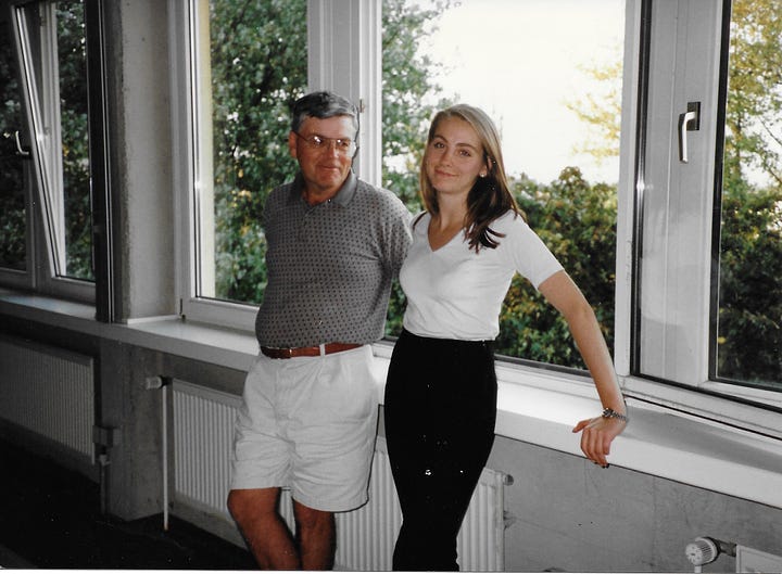 Susan Derry with her father in a rehearsal room. Susan Derry with her father on her wedding day.