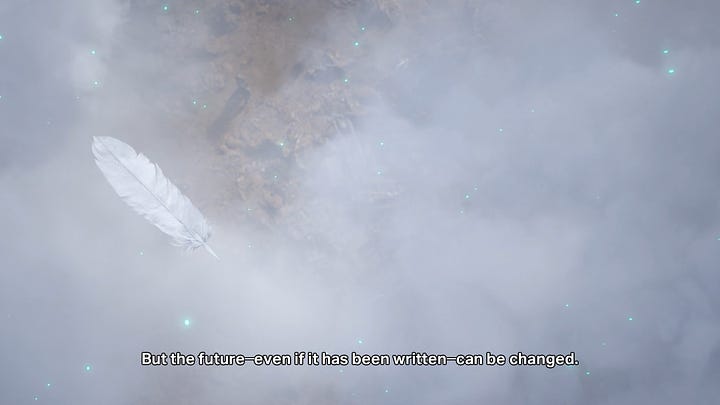 Context of Aerith's lines over the trailer visuals: mist, Lifestream particles, and the white feather with Zack dragging Cloud along the wasteland beneath.