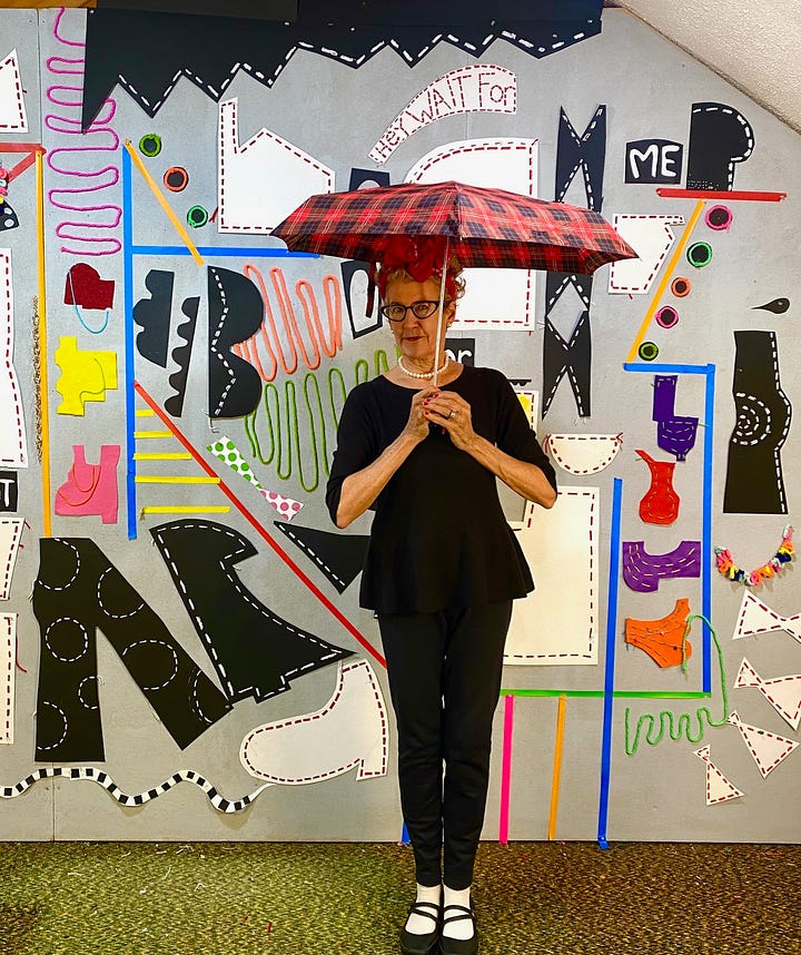 Images of the artist and her paintings in the 1980 and in 2024, covers to the children's albums, and two abstract collages.