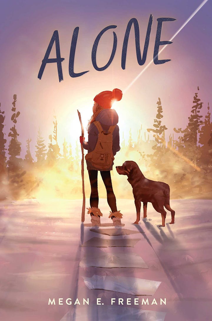 Cover for Megan E. Freeman's novel, Alone. A young teenager looks out on a winter landscape, her back to the viewer. She supports herself with a walking stick and is accompanied by a rottweiler. Cover for Jasper Hyde's novel, Splinter. A confident Black woman stares out at the audience. She's framed by a tunnel created by spooky, autumnal trees and a misty forest road. She's wearing an orange tank top. 