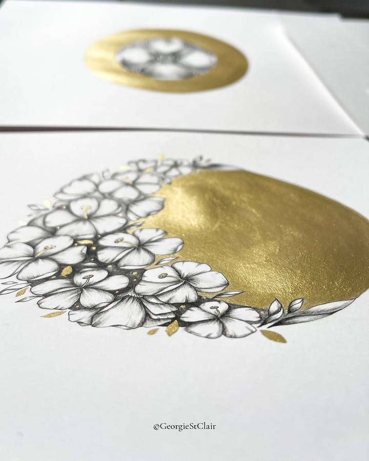 Pen and ink botanical illustrations, with gold metallic watercolour paint, inspired by spring blossom