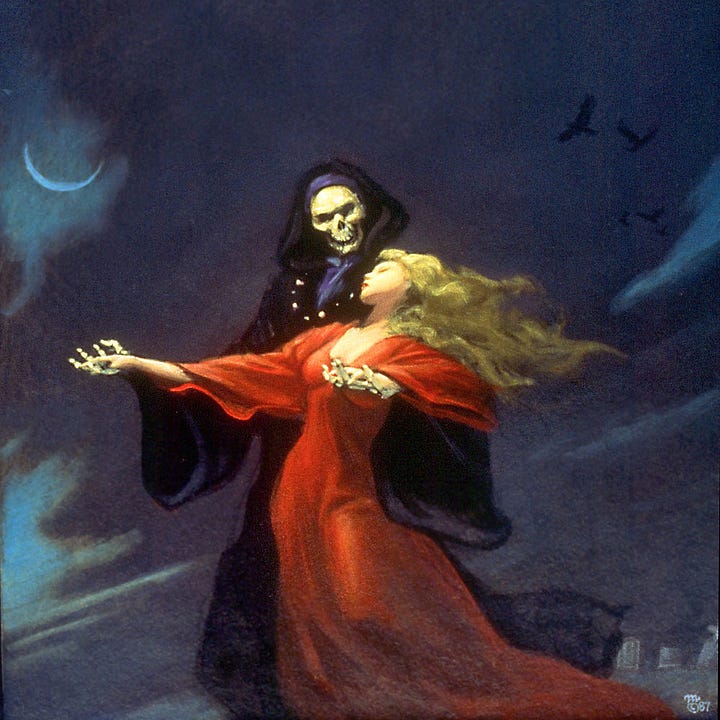 LEFT: Detail from STEPPIN' out featuring a woman in red dress lost in the danse macabre with Death.  RIGHT: Album cover for the self titled album INTRANCED