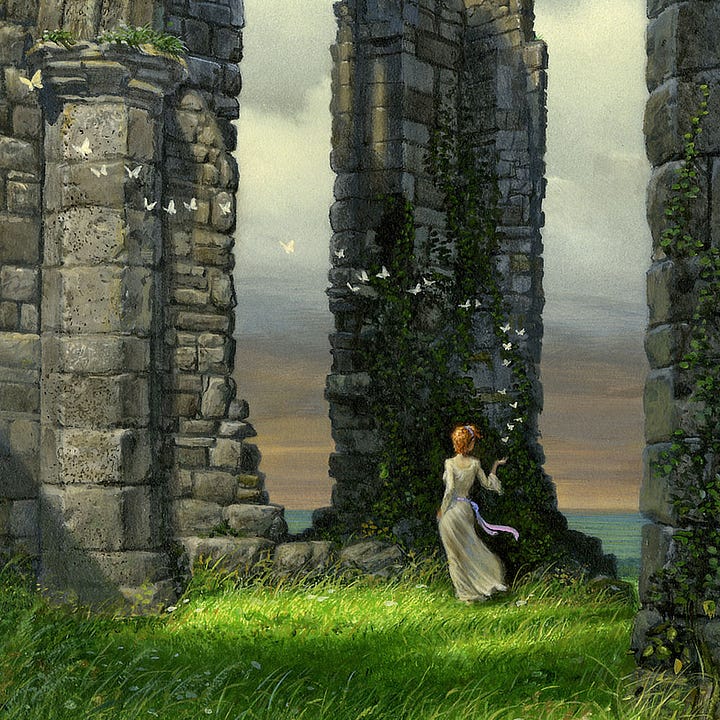 LEFT: Detail from AFTERNOON SHADOWS featuring a redheaded woman in a white dress standing in the ivy covered ruins of an abbey. She holds her hand palm up as if releasing a stream of butterflies that wind upwards in an S-shaped curve. RIGHT: Close detail from AFTERNOON SHADOWS featuring a woman in a white gown with a lavender sash tied at her waist. Her hair is red and short which contrasts the tall ruined wall of the abbey in front of her that is now overgrown with ivy. Through breaks in the wall we can see the calm sea but the sky over the horizon is gray with hints of orange. Above a thick cloud layer the sky is blue and bright, providing a different outlook depending on where you look. Her head is turned to the side level with the horizon as sunlight casts long shadows past her in the abbey.