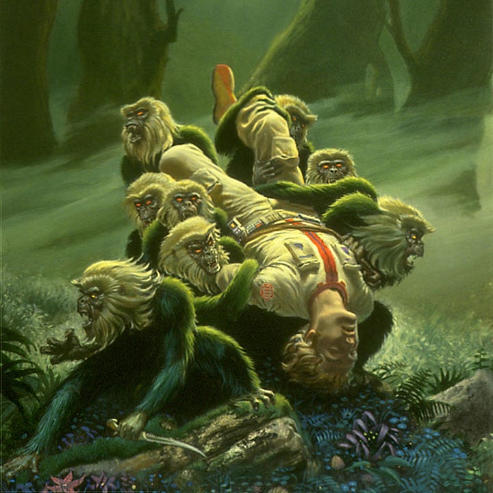 LEFT: Detail from THE NIGHT FACE featuring six monkey-like creatures carrying the body of an unconscious human through an alien forest. A seventh holds a long knife while facing off panel left and hissing. Their victim wears a white spacesuit with a red stripe down the front. As the creatures carry him by his limbs, his head falls slack unsupported with blonde hair pulled by gravity toward the colorful flora on the ground. RIGHT: Photo reference for the pose of the unconscious human featuring the arms with his legs on a chair, back on the floor, with his arms folded behind him. There is an unfolded newspaper in the foreground and the end of a coach in the background. The lighting from above leaves his face mostly in shadow giving the photo the look of a gruesome crime scene.