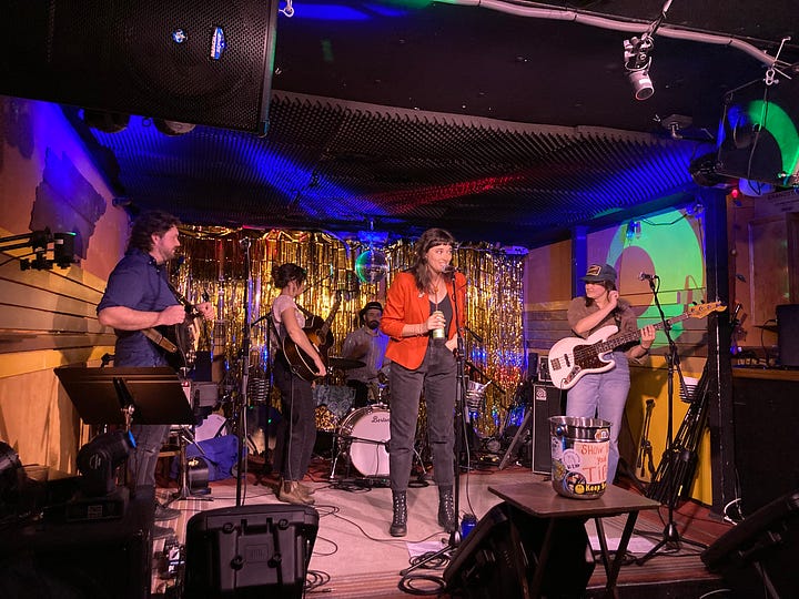 Josie Toney with some merch on the left and on stage on the right.