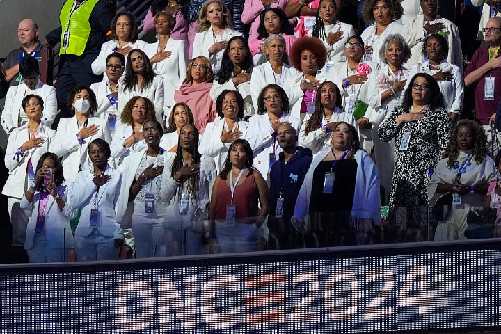 You must have seen some variation of this Pledge of Allegiance picture, the delegates wearing white to honor women’s suffrage—and the anticipated next step.   The emphasis on women was so absolute that Kamala Harris’s ascendency often felt less like the highlight than the subtext.