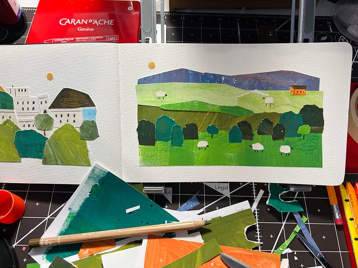 Two photos of a collage in my sketchbook. The collage is a landscape of rolling green hills with grazing white sheep and an orange barn in the right corner. On my desk are paper scraps, scissors, and Caron Dache crayons.