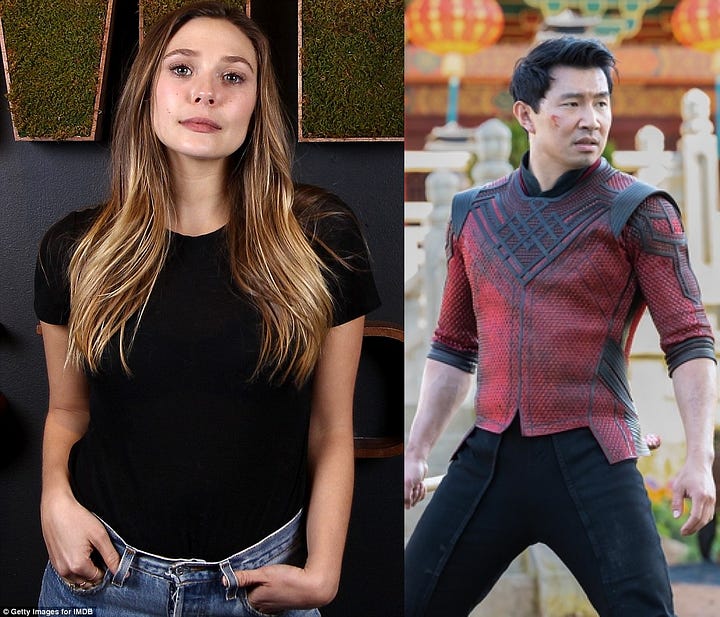John Cena in costume as Peacemaker (far left), promotional image of Spider-Man (center left), Elizabeth Olsen at the IMDb Studio (center right), and Simu Liu in costume as Shang-Chi (far right).
