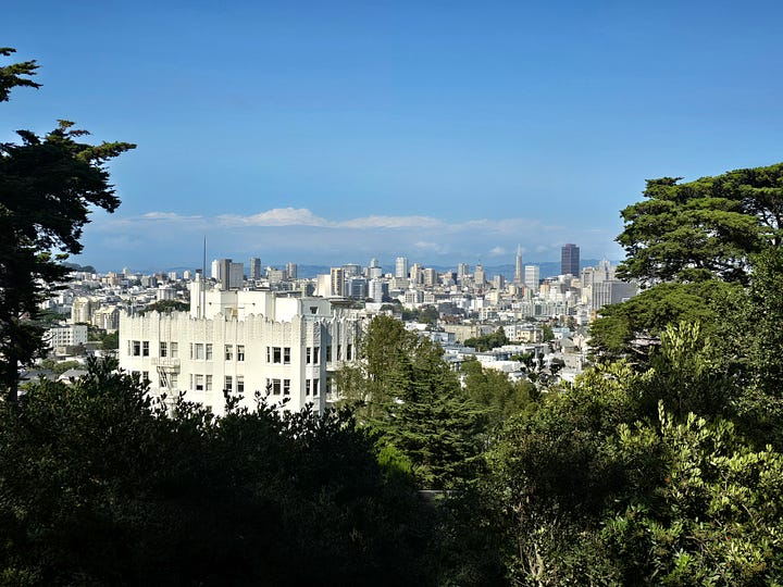 view of the golden gate bridge and downtown financial district pyramid building from buena vista park