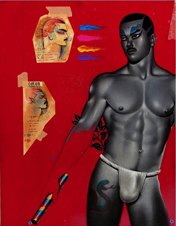 1) A purple background has a nude man in the center. His legs are half blue and purple polka-dotted, and he is holding an orange orb in his left hand behind his back. In his right hand, he is holding an orange tree, and his right hand is handcuffed, with chains going down his left leg. He has on gold bands around each bicep, and green spiky hair sticking out behind his head. 2) An Asian man with his eyes closed, has a tear streaming down his face. He is wearing a polka-dot headband, and he has short spiky hair. There is a galaxy behind him, and a zig-zag line with ink splotches going down his neck. 3) Sadao's name is up in the top center. It shows a black and white sketch of an Asian man wearing a polka-dot headband. He has a serene face and there is a patterned butterfly in his hair. 4) A black ripped man is standing on the right. His right arm isn't fully drawn, but he is holding a colorful stick. He has on a white thong, and is wearing blue eyeshadow. There are cutouts of other illustrations of men wearing makeup, and color swatches next to them. 5) The cover of a book is seen, with one of Sadao's artworks on the front. It's a muscular nude man, covered in colorful shapes, colors, and lines. He has pubic hair around his penis, and a mustache on his face. He is also wearing a hat, and there are multiple eyeballs throughout the image.