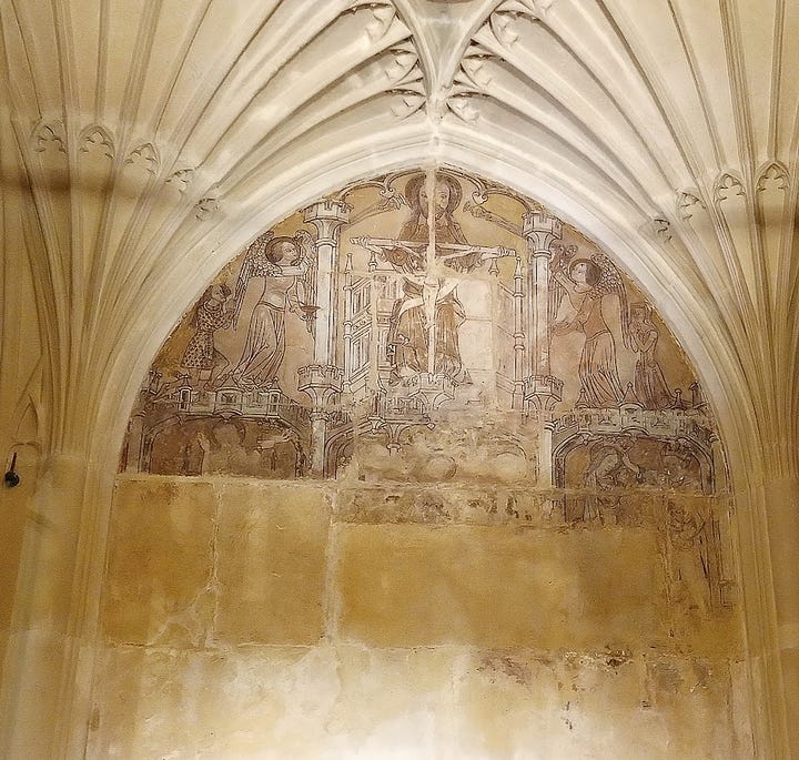 Chantry looks a bit like a cage to one side of the altar, small interior with medieval painting, and photo of effigy from guidebook