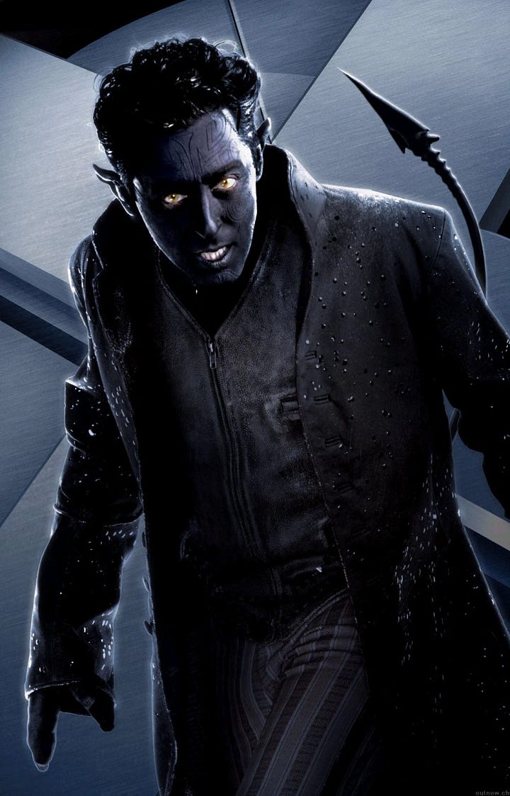 Nightcrawler as portrayed by Alan Cumming in X2; Nightcrawler in the X-Men animated series.