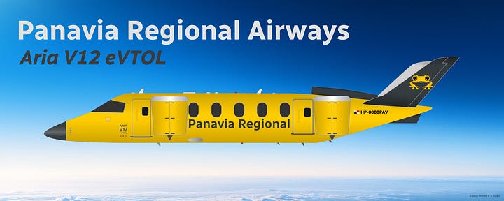 The current Panavia Regional Airlines fleet: 1) Aria V12 VTOL, 2) Aria V42 VTOL, 3) Aria V42qc QC Combi, and 4) Bombardier Dash-8 Q200 - all shown in side view.