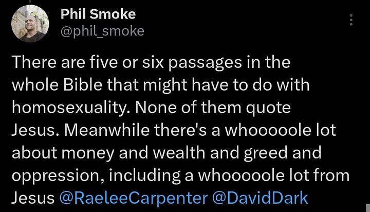 Tweets including "The church's only concern about landlords and venture capitalists should be to get them into church, save them to change their lives, and get them away from the wrong lifestyles they are leading"