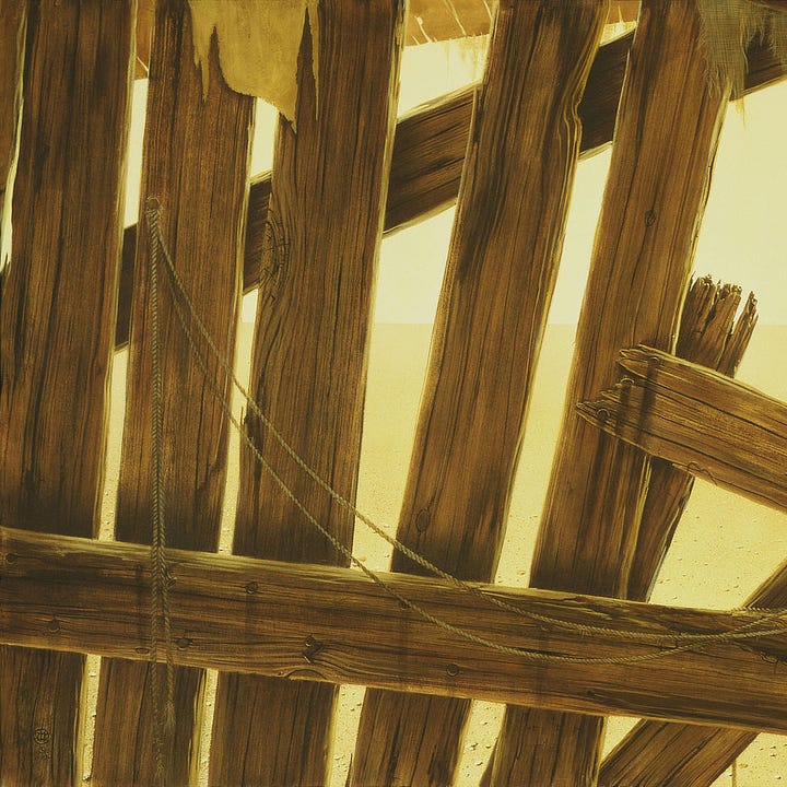 LEFT: Detail from THE WAY STATION featuring the left side of the painting. The yellow desert is visible through gaps in the weathered boards. Tattered cloth hangs on the upper edge. Thing rope is tacked to a vertical board with the ends dangling down and the rest hanging in a loose arc that descends to the support board. None of the board, including the horizontal support, are straight giving the impression that the building was slapped together long ago and hasn't aged well. RIGHT: Detail from THE WAY STATION featuring Roland and Jake through an opening in the boards that is roughly square but impeded by boards. Decaying cloth dangles into the opening. Both sand and sky are pale yellow as if everything beyond the wall has been baked by the desert sun.