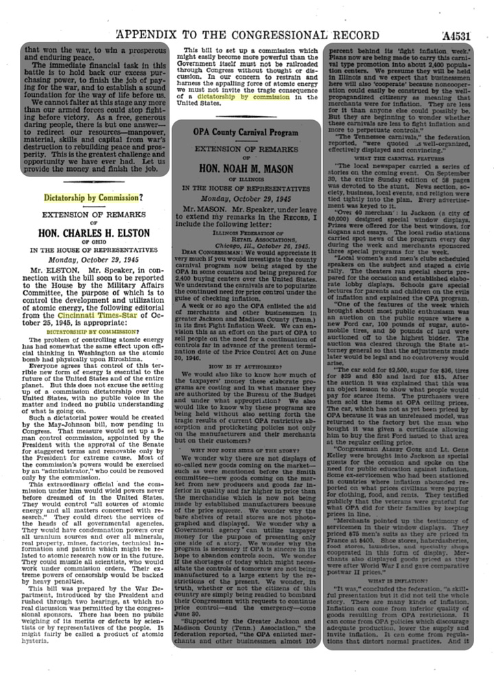 Cincinnati Times-Star Oct 25th 1945 Source: Congressional Record of Oct 29th 1945 (left) Rep. Charles H Elston (R-OH). (right)