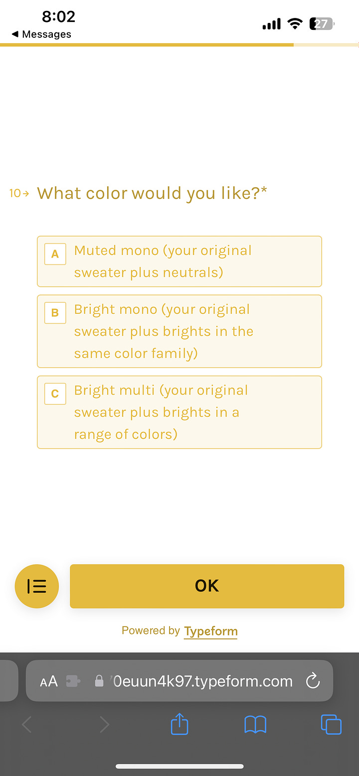 Sweater remake repair survey questions screenshot