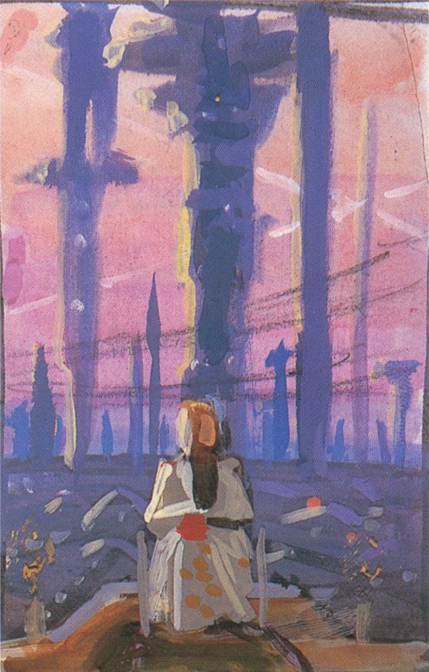 LEFT: Loose color study for HARI featuring a figure in wheelchair seated on a platform overlooking a gray landscape with tall towers climbing pink sky. RIGHT: Detailed pencil sketch for HARI featuring intricate towers with saucer-shaped tops. The architectural lines are precisely rendered while the figure of Hari Selden is sketched in lighter.