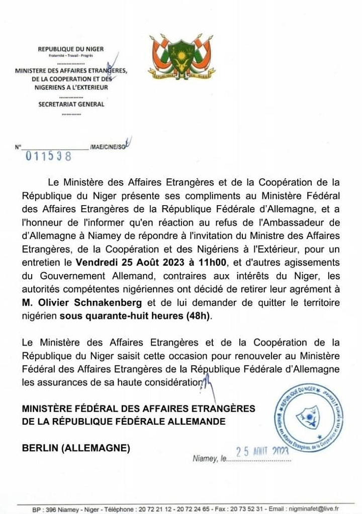 Series of expulsion notices for the French, German, Nigerian, American, and Ivory Coast ambassadors