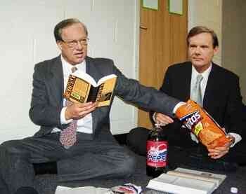 Left: A glum Sen. Wayne Allard sits in his Jefferson Hall dorm room, with a Ronald Reagan poster behind him. Right: Allard and Sen. Tim Hutchinson (R-AR) hang out in the dorm hallway late one night last fall, with Allard reaching into a bag of Doritos.