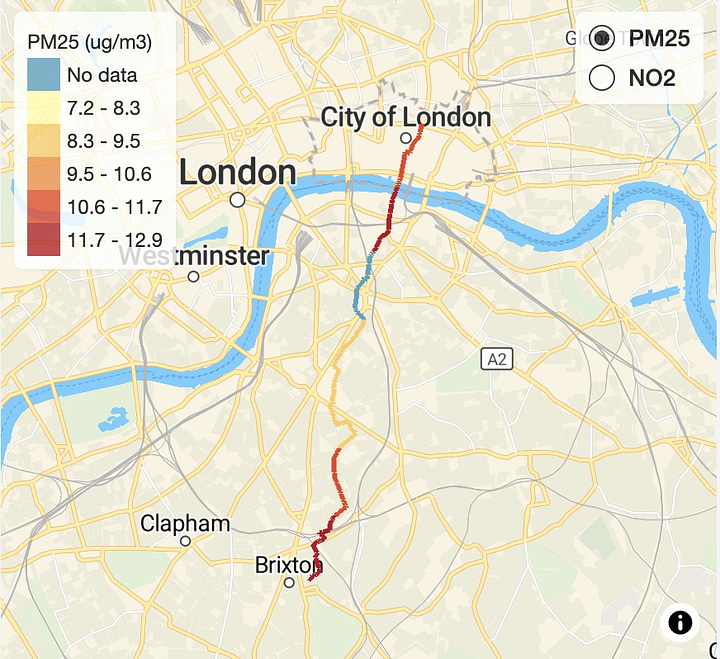 Two maps showing air pollution concentrations on a cycle route from Brixton to central London