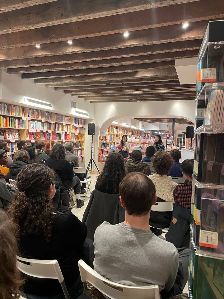 Two book launches in the same bookstore, both crowded
