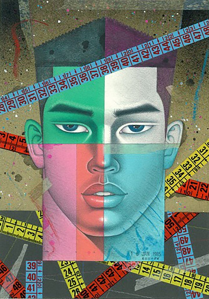 1) A blue portrait of a man's face is seen on a light blue canvas. He is surrounded by rocks, pebbles, a feather, a lizard, and a seashell. 2) An Asian man with short spiky hair is seen against a white background. His skin is a half orange and half blue gradient. He looks peaceful with his eyes closed. 3) A large face of a man is surrounded by different colored rulers and tape measures. His face is made of several different colors, like blue, green, white, orange, and pink. He has blue eyes and is staring straight ahead. 4) A large muscular Asian man with traditional Japanese tattooed arms and pecs is standing against a brown speckled background. He is wearing a necklace with a gold pendant, and he has a white rope bandana on his head. There is red and white, and blue and white tape in the top, and he is surrounded by yellow rope, some of which is in his mouth.