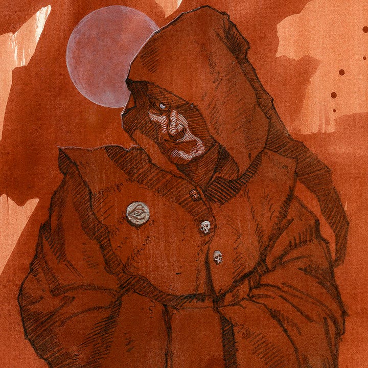 LEFT: Detail from MARTEN BROADCLOAK featuring the robed figure. His hood is up with the long point trailing down behind him. RIGHT: Close detail from MARTEN BROADCLOAK featuring the detailed line work of the face. The contours are defined by lines of white over the charcoal drawing.