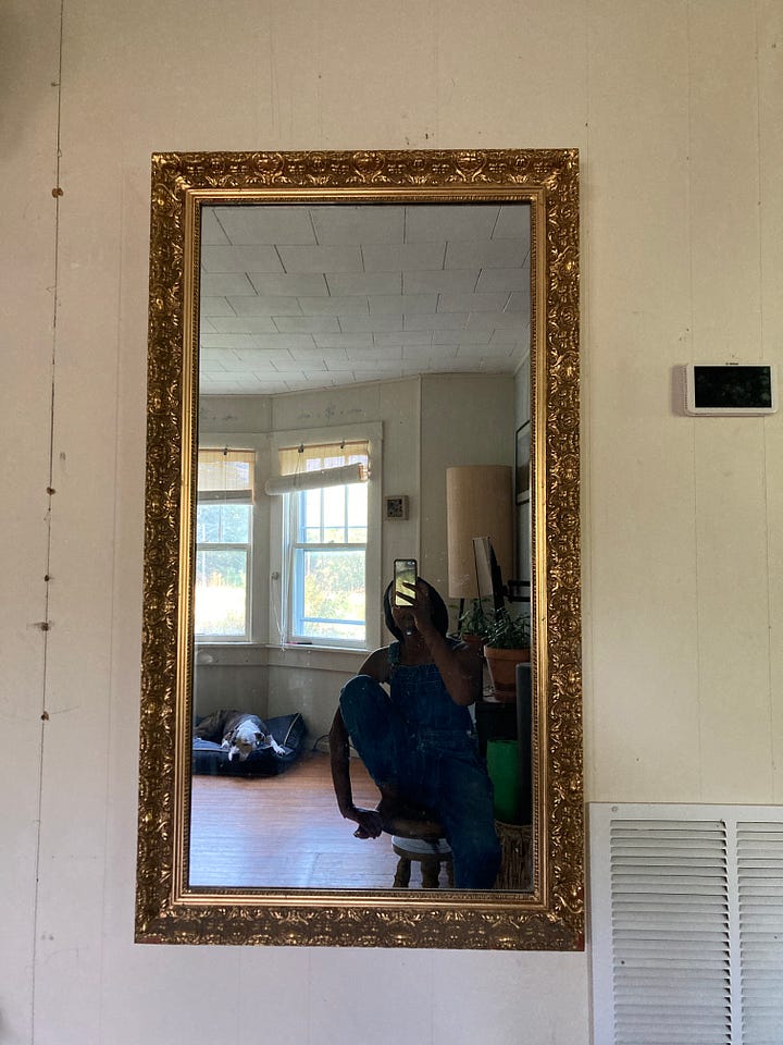 Left: A brown-skinned woman with her braids pulled back takes a selfie in front of a large, rectangular mirror with an ornate gold frame. The mirror reflects a room with a Rosie-dog sleeping on the floor and a window overlooking a yard. Right: A brown-skinned woman with her hair pulled back into a braid. Her left hand is under her chin. The crook of her arm-pit and her upper thigh create a frame against a Rosie-dog, seen laying on a bed in the background. 