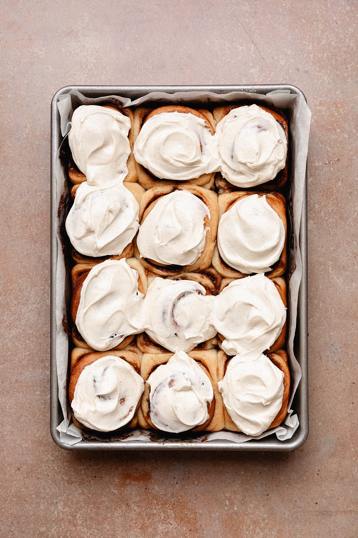 Images showing steps to make vegan cinnamon rolls topped with cream cheese frosting