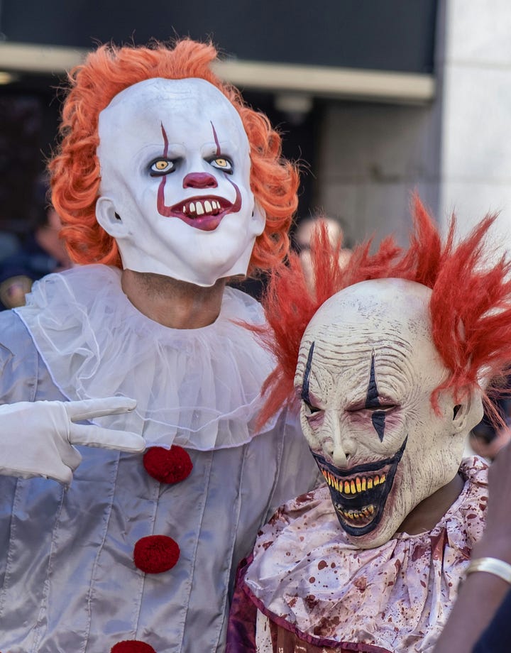 Left: two ghoulish characters with white faces and evil expressions. Right: Girl as Queen Esther wearing crown and orange ball gown, carrying tray with cookies