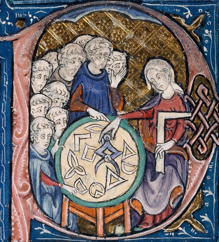 Images of medieval manuscripts illustrating women working in masonry, harvest, and teaching geometry.