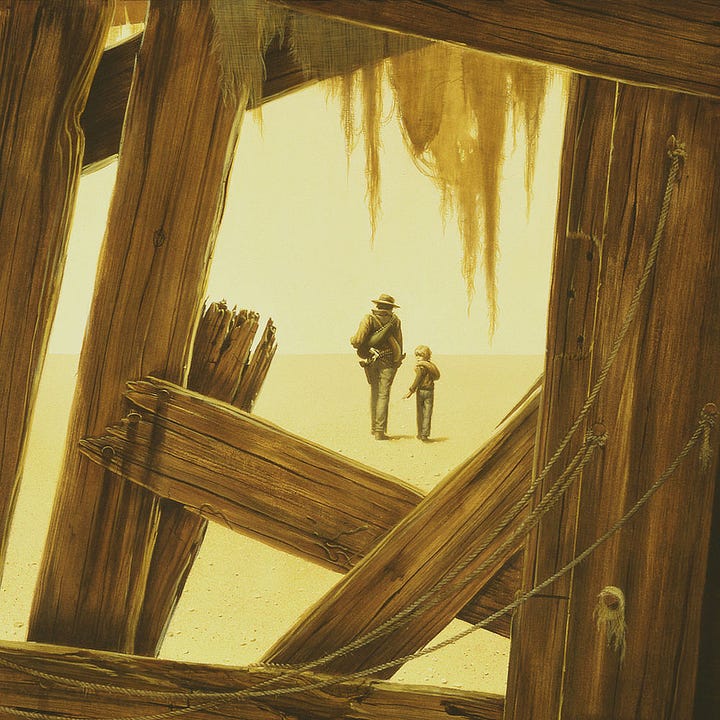 LEFT: Detail from THE WAY STATION featuring the left side of the painting. The yellow desert is visible through gaps in the weathered boards. Tattered cloth hangs on the upper edge. Thing rope is tacked to a vertical board with the ends dangling down and the rest hanging in a loose arc that descends to the support board. None of the board, including the horizontal support, are straight giving the impression that the building was slapped together long ago and hasn't aged well. RIGHT: Detail from THE WAY STATION featuring Roland and Jake through an opening in the boards that is roughly square but impeded by boards. Decaying cloth dangles into the opening. Both sand and sky are pale yellow as if everything beyond the wall has been baked by the desert sun.