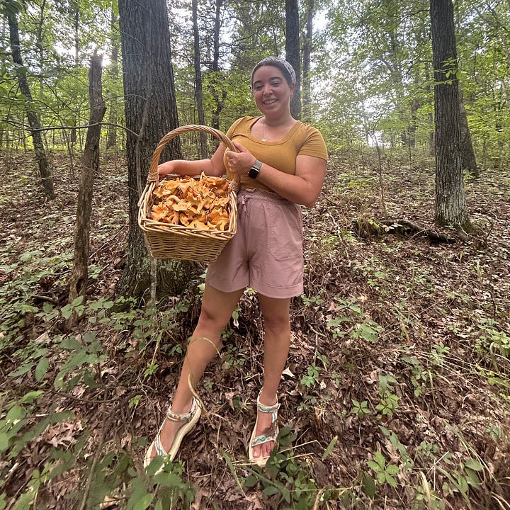 At left, the image shows an upclose view of harvested chanterelles, dirt still visible. At right, Nicole's mom took a picture of her grinning like she's won the mushroom lottery.