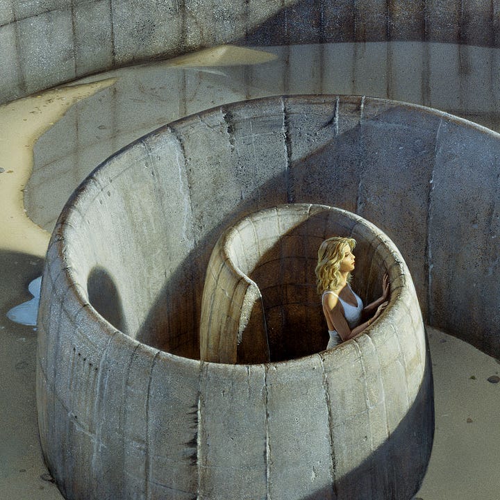 LEFT: Detail from ASYLUM featuring a tighter view of the inside of the stone spiral and the shadows falling across it. The sun illuminates the face of a woman at the center of the spiral as she peers over the wall in front of her, resting her hands just below the edge as if she is on tip toes. Smooth rocks of various size and color are strewn upon the damp sand. Shallow water pools reflecting seams of the concrete. RIGHT: Close detail from ASYLUM featuring a woman with shoulder length blonde hair at the center of the concrete spiral. She rests hands just below the edge of the stone wall, and the sun cuts an angle across her as she peeks over. She wears an immaculate white dress with low cut neckline and thin straps.