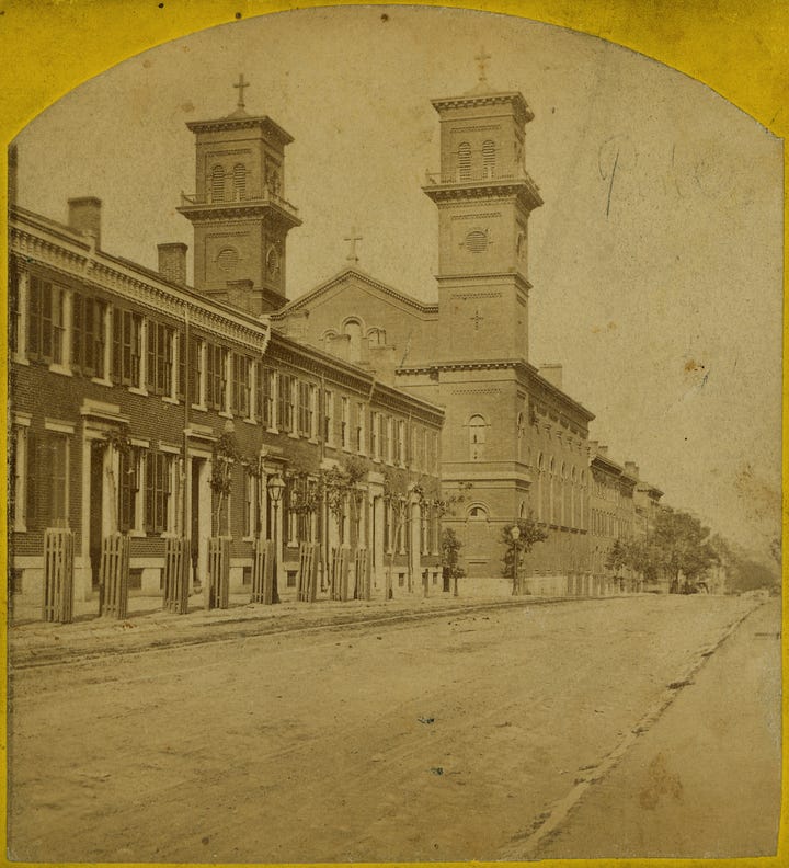 Chestnut St. toward 16th in the 1870s and today. Photo: 1870s Boehl & Koenig, snip Google Maps