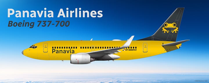 The current Panavia Airlines fleet: 1) Aria T42 Transonic, 2) Aria T102 Transonic, 3) Aria T152 Transonic, 4) Aria T202 Transonic, 5) Boeing 737-700, 6) Boeing 737-800, and 7) Boeing 737 MAX 8 - all shown in side view.