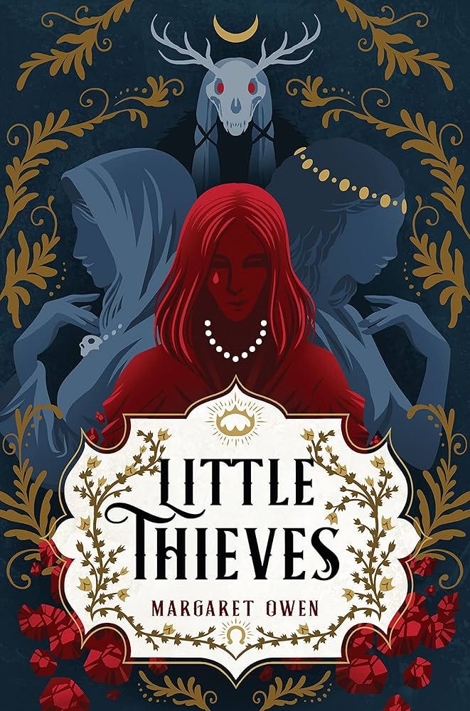 First picture is the cover of "Little Thieves" by Margaret Owen, featuring a red figure behind the title of the book and with a white pearl necklace on, face downcast and in shadows backed by two blue figures facing left and right and a deer skull with red eyes in the center. Second picture is the cover of "Never Let Me Go" by Kazuo Ishiguro which features a fair-skinned and blue eyed child looking off camera with their face cut up by white blocks that hold the title text.