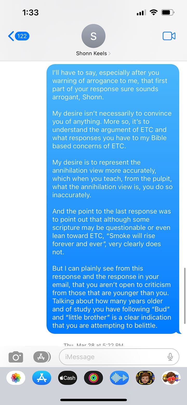 Screenshots of text messages between Dr. Shonn Keels and Brennen Mahaffey