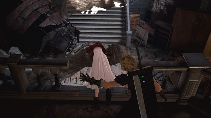 The Whispers prevent Aerith from falling down the balustrade since she's supposed to slide down the rocket wreck instead.