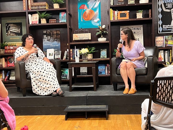 1. Meredith Adamo signing her book, 2. authors staning with Meredith, 3. Meredith on stage with Sarah Dessen, 4. authors waiting in the audience with their copies of the book