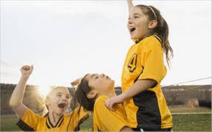 Left: girls playing soccer; right, girls winning in sports