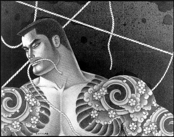 1) There are 2 legs that are tattooed in traditional Japanese style in the center of the image, on a black background. There is text around each tattoo, like Spiral, Cloud, Dragon, and Fire. 2) Half of a tattooed muscular man is seen in the top left and the bottom right. Each of his shoulders is covered in traditional Japanese style tattoos. There are light beams coming out of different places, including his nipple in the lower right corner. 3) A muscular tattooed man is seen against a red background. Only one of his arms is fully drawn, and both shoulders are covered in traditional Japanese tattoos. He is wearing a white and black polka-dot thong, and there is some blue rope wrapped around his chest, and in his mouth. 4) A black and white piece showing a muscular tattooed Asian man. There is rope in the background, and he is holding some rope in his mouth. He has tattooed shoulders and pecs, and short black hair. 5) A dark blue background, with different tattooed limbs in the center. There are 2 arms, and one leg, tattooed with traditional Japanese style tattoos. There are also different colored circles with Japanese text in them scattered around the art piece.