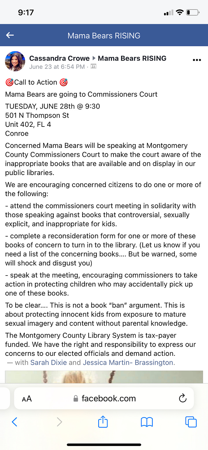 Conroe ISD book banner Cassandra Crowe posts on Facebook about efforts to get books removed from school and public libraries.