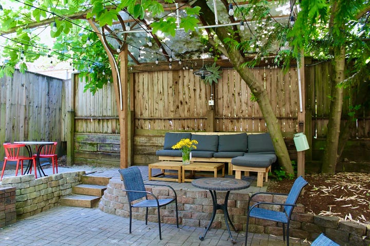 A patio garden with tables and comfy chairs