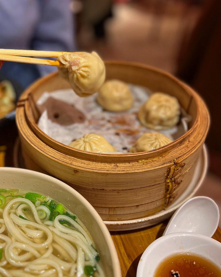 xuecai rousi tang mian; bamboo shoots, xiaolongbao; wontons crispy chilli oil