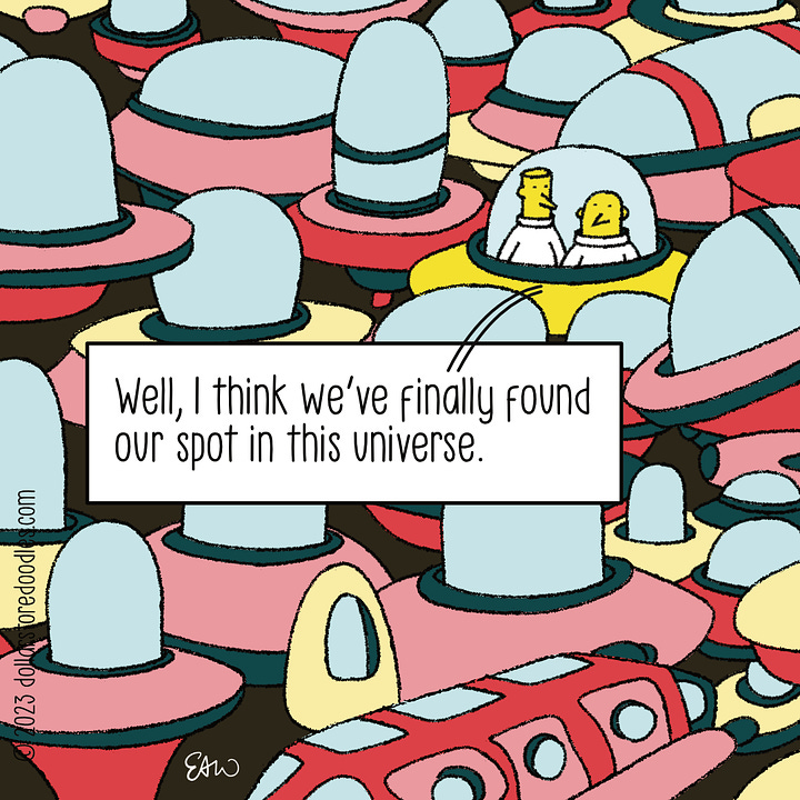 Two characters parking their UFO in outerspace surrounded by other parked spaceships filling the composition of this 2-panel comic. The caption reads, "Well I think we've finally found our spot in this universe."