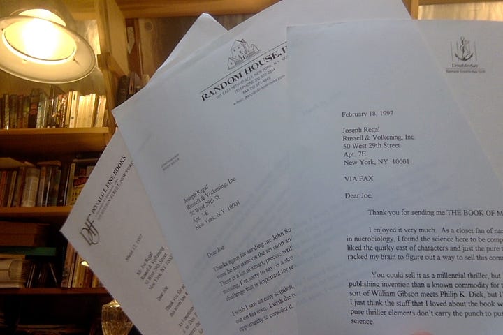 Me holding letters of rejection for The Book of Matthew, dated early 1997, from editors at prominent NYC publishers.